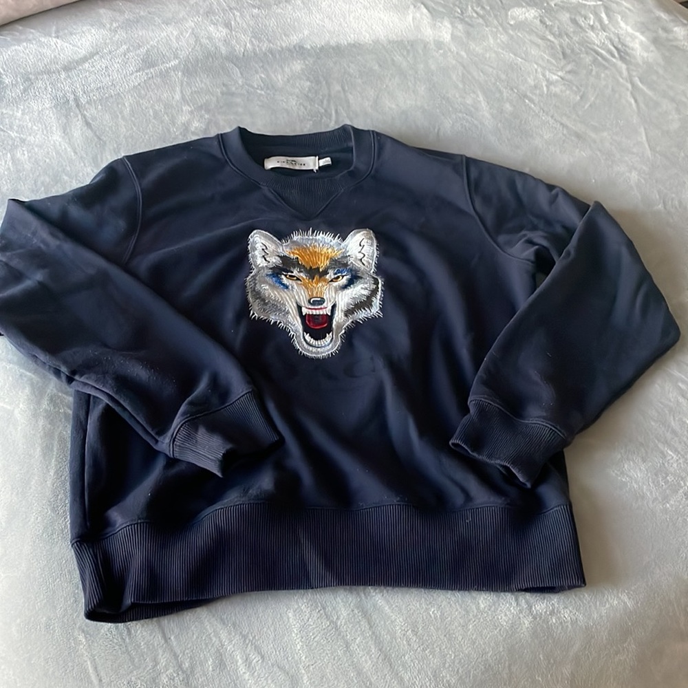 COACH Wolf Graphic Sweatshirt Navy Blue Signature C Design - Picture 2 of 7